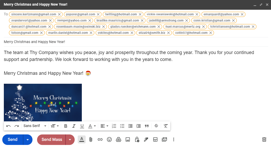 Gmail compose window with the MailBrother Send Mass button